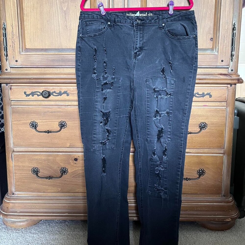 Indigo‎ Thread Co Dark Grey Ripped Straight Leg Distressed Jeans